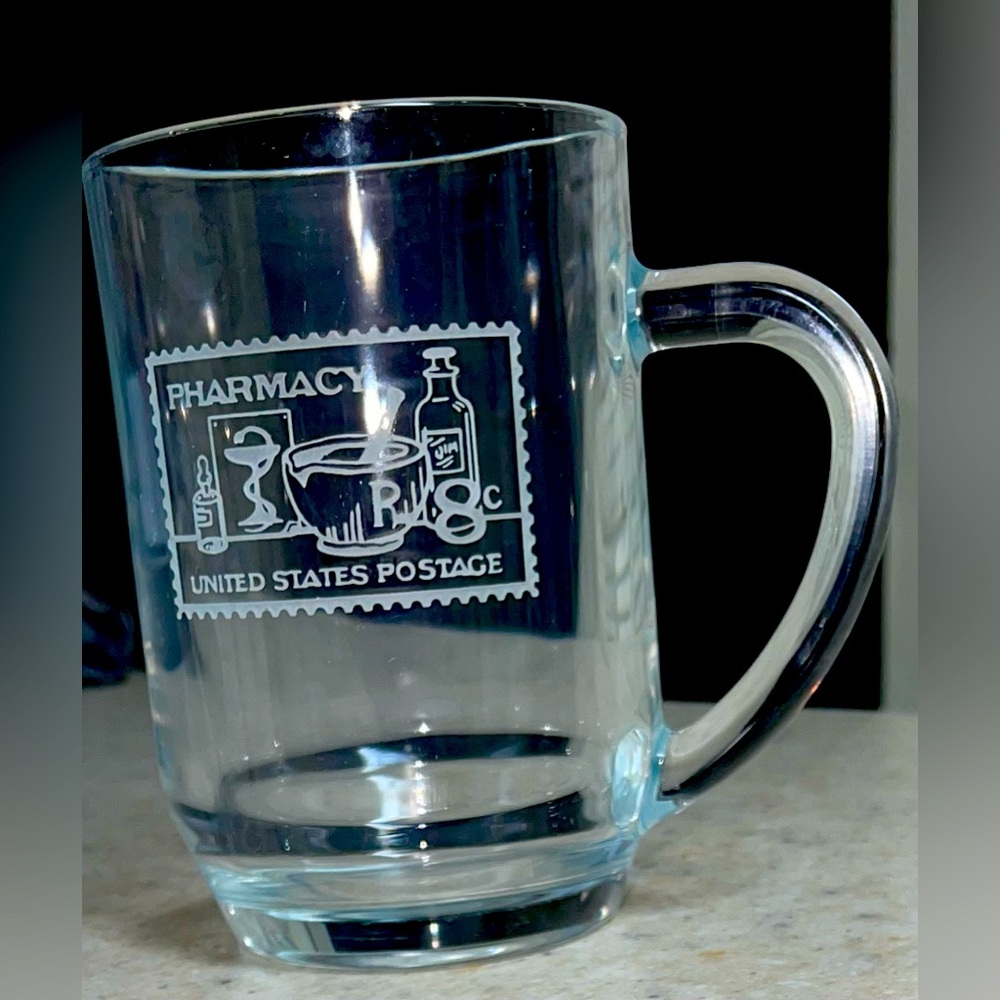 Vintage Luminarc Frosted Etched Glass Mug – Pharmacy United States Postage 8¢